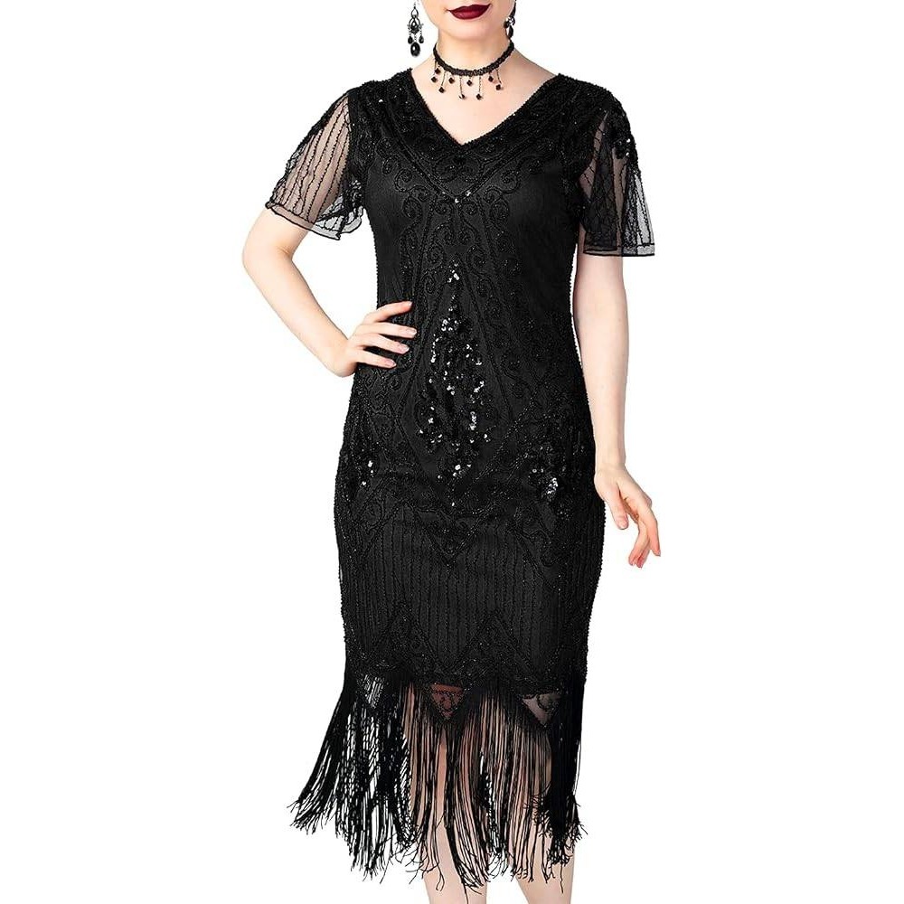 PrettyGuide Black Sequin Beaded Flapper Dress 1920s Gatsby Fringe Cocktail Large